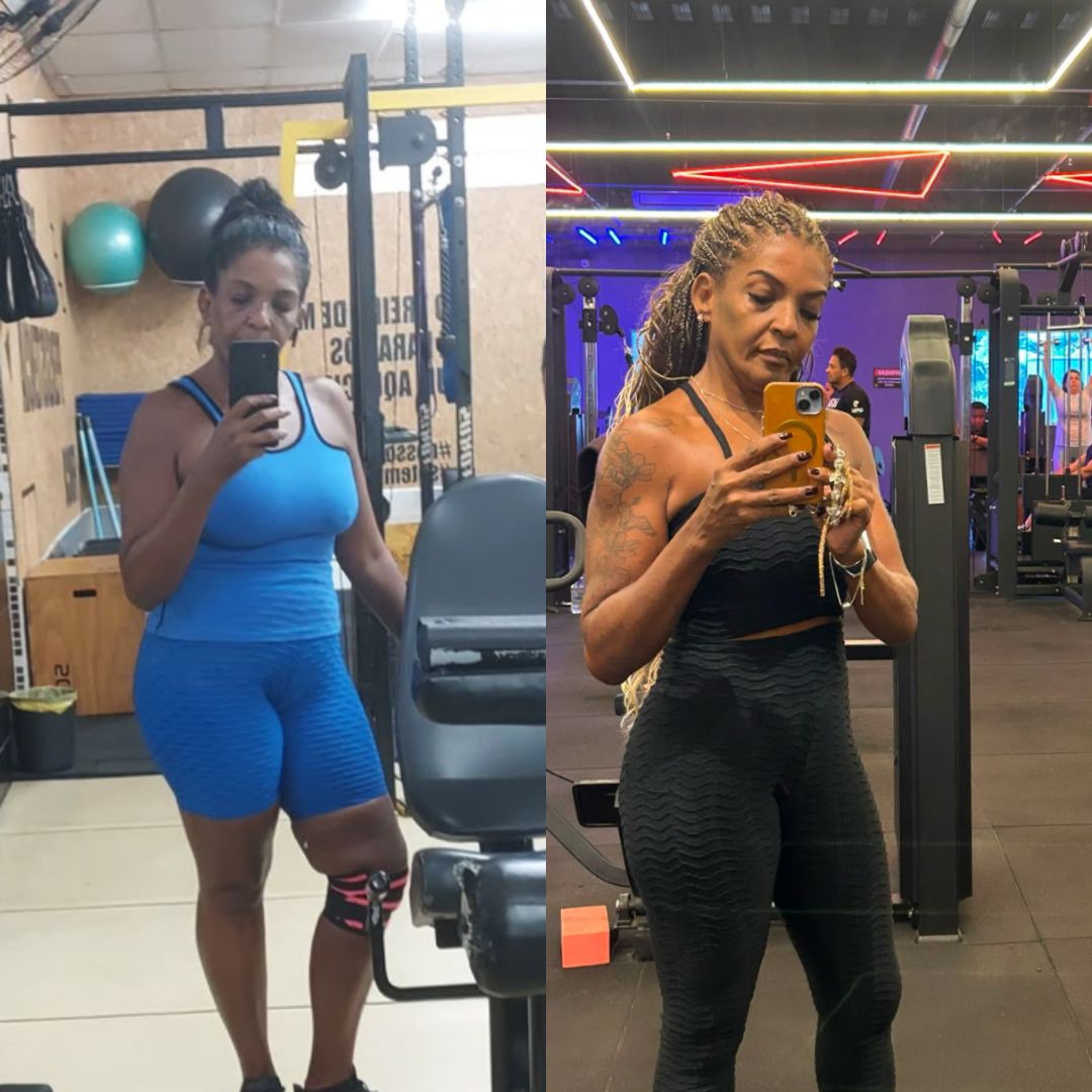 Comparativo antes e depois de uma aluna com mudança de composição corporal