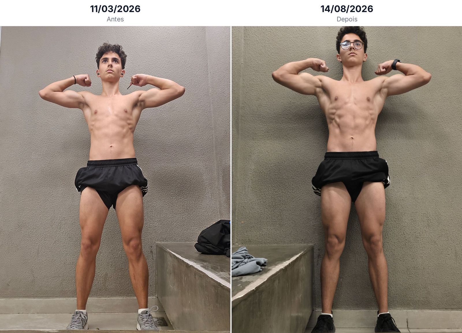 Comparativo antes e depois de um aluno com aumento de massa muscular